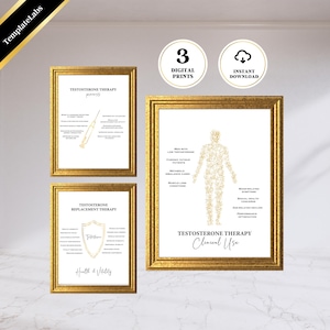 May include: Three framed prints with gold frames. The prints feature text and diagrams related to testosterone therapy. The top left print is labeled "Testosterone Therapy Process". The bottom left print is labeled "Testosterone Replacement Therapy". The right print is labeled "Testosterone Therapy Clinical Use".