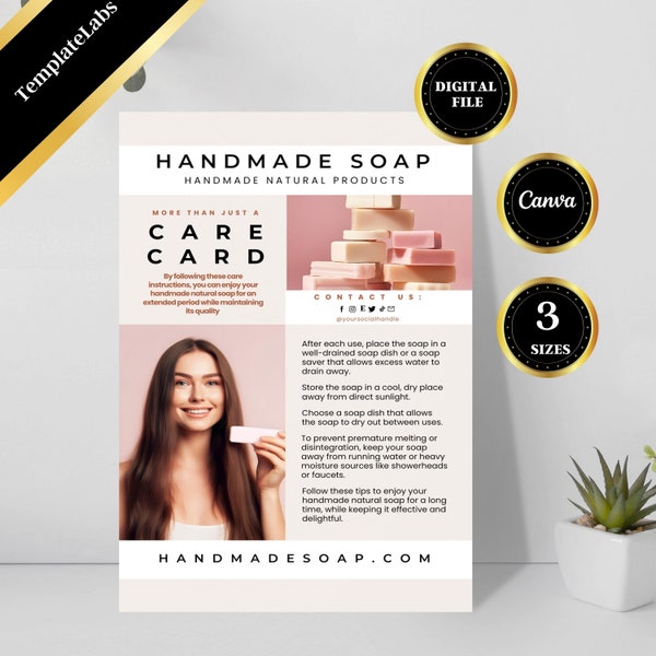 Handmade Soap Care Card, Soap Care Instructions, Soap Business Card, Printable Insert, Printable Care Card, Edit in Canva, DIY Card, 3 Sizes