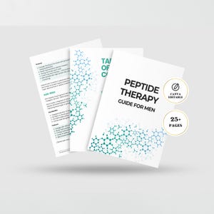 Könnte beinhalten: Mehrere weiße Broschüren mit türkisen und blauen Molekulardesigns. Der Umschlag der obersten Broschüre zeigt "PEPTIDE THERAPY GUIDE FOR MEN" in schwarzer Schrift. Weitere Texte sind "CANVA EDITABLE" und "25+ PAGES".