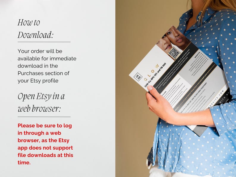 May include: A person holding a flyer with the word "GLOW" and product information. The flyer has images of faces and text that says "CH-Cu BPC 157 and TB 500". The flyer also includes instructions on how to download the product.