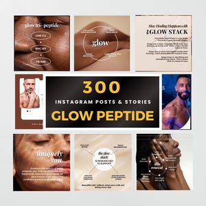 Pode incluir: Uma coleção digital de 300 publicações e histórias do Instagram intitulada Glow Peptide. O layout apresenta vários painéis exibindo informações sobre cuidados com a pele, diagramas de processos de cicatrização e fotos de pessoas.