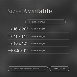 Puede incluir: Un gr&aacute;fico en blanco y negro que muestra los diferentes tama&ntilde;os disponibles para un producto. Los tama&ntilde;os se enumeran en pulgadas: 16 x 20, 11 x 14, 10 x 12 y 8.5 x 11. El texto "Sizes Available" est&aacute; en la parte superior del gr&aacute;fico. El texto "All size measurement are in inches" est&aacute; en la parte inferior del gr&aacute;fico.