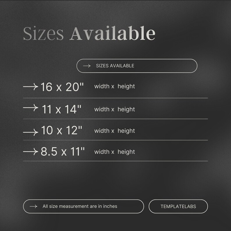 Puede incluir: Un gr&aacute;fico en blanco y negro que muestra los diferentes tama&ntilde;os disponibles para un producto. Los tama&ntilde;os se enumeran en pulgadas: 16 x 20, 11 x 14, 10 x 12 y 8.5 x 11. El texto "Sizes Available" est&aacute; en la parte superior del gr&aacute;fico. El texto "All size measurement are in inches" est&aacute; en la parte inferior del gr&aacute;fico.