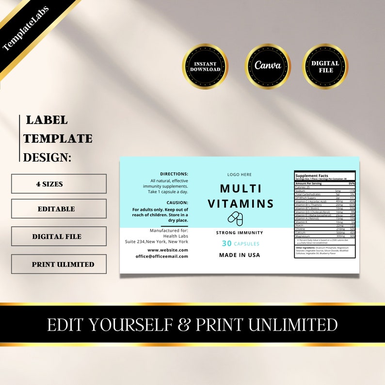 Supplement Label Template, Vitamin Label, Medicine Bottle Label, Bottle Supplement Label Template, Vitamin Label, Medicine Bottle Label, Bottle