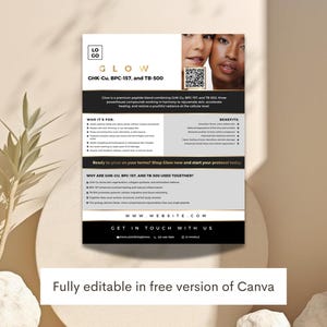 May include: A promotional flyer for "GLOW" skincare products. The flyer features the product name, ingredient list, and benefits. The design includes images of two women, a QR code, and the text "Fully editable in free version of Canva."