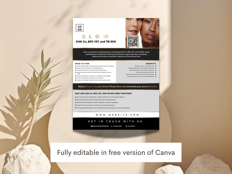 May include: A promotional flyer for "GLOW" skincare products. The flyer features the product name, ingredient list, and benefits. The design includes images of two women, a QR code, and the text "Fully editable in free version of Canva."