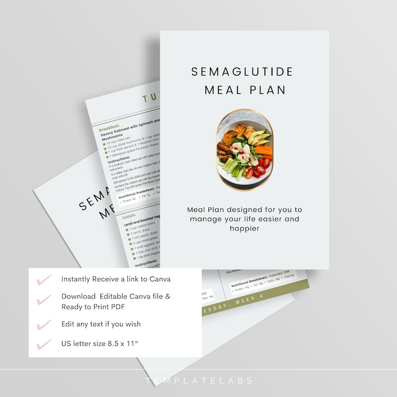 May include: A printable meal plan designed for people taking semaglutide. The plan includes a sample meal with a bowl of salad, vegetables, and tofu. The text on the page reads "Semaglutide Meal Plan" and "Meal Plan designed for you to manage your life easier and happier".