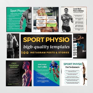 May include: A collection of Instagram templates with the text "Sport Physio" and "high-quality templates". The templates are designed for athletes, cyclists, and swimmers. The image includes graphics and text about biomechanical assessments and lower back pain.