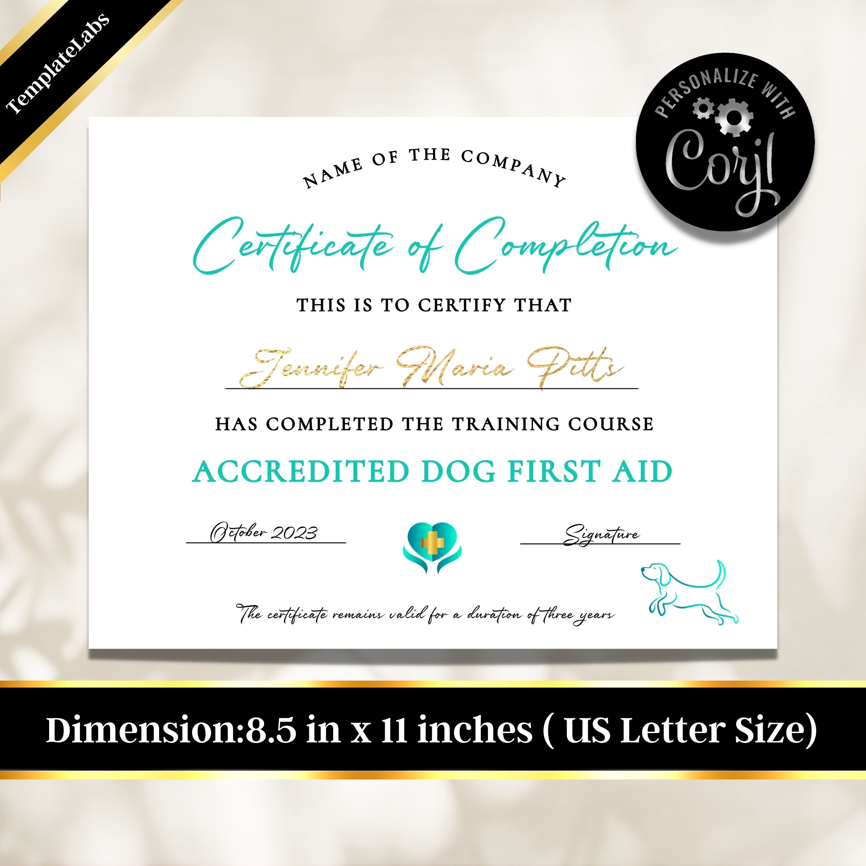 Dog First Aid Printable Certificate, Puppy First Aid, Certificate of Completion Template, CPR ...