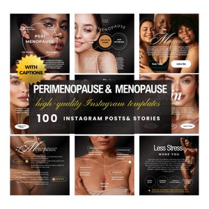 Könnte beinhalten: Eine Collage aus neun Instagram-Post-Vorlagen für die Perimenopause und Menopause. Die Vorlagen zeigen eine Vielzahl von Bildern und Texten, darunter Informationen über die Symptome der Perimenopause und Menopause, Tipps zur Bewältigung dieser Symptome und Ressourcen für Unterstützung. Der Text auf den Vorlagen enthält die Wörter "Perimenopause", "Menopause", "Symptome", "Tipps", "Unterstützung" und "Ressourcen".