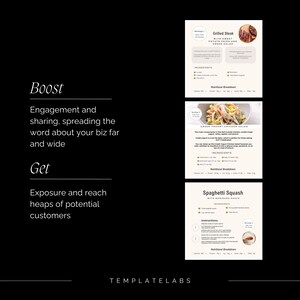 May include: A digital marketing template with the text "Boost" and "Get" in bold, followed by descriptions of the benefits of digital marketing. The template also includes three recipe cards with images of grilled steak, Greek yogurt chicken salad, and spaghetti squash with marinara sauce.