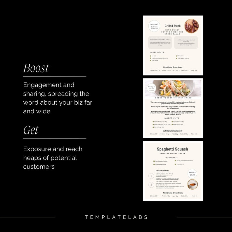 May include: A digital marketing template with the text "Boost" and "Get" in bold, followed by descriptions of the benefits of digital marketing. The template also includes three recipe cards with images of grilled steak, Greek yogurt chicken salad, and spaghetti squash with marinara sauce.