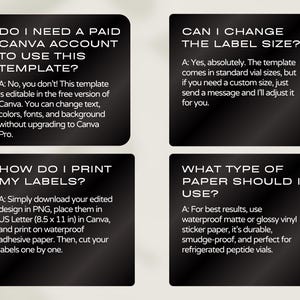 May include: Four black square informational cards with white text. The cards answer questions about using a Canva template, changing label sizes, printing instructions for US Letter 8.5 x 11 inch paper, and recommended waterproof matte or glossy vinyl paper.