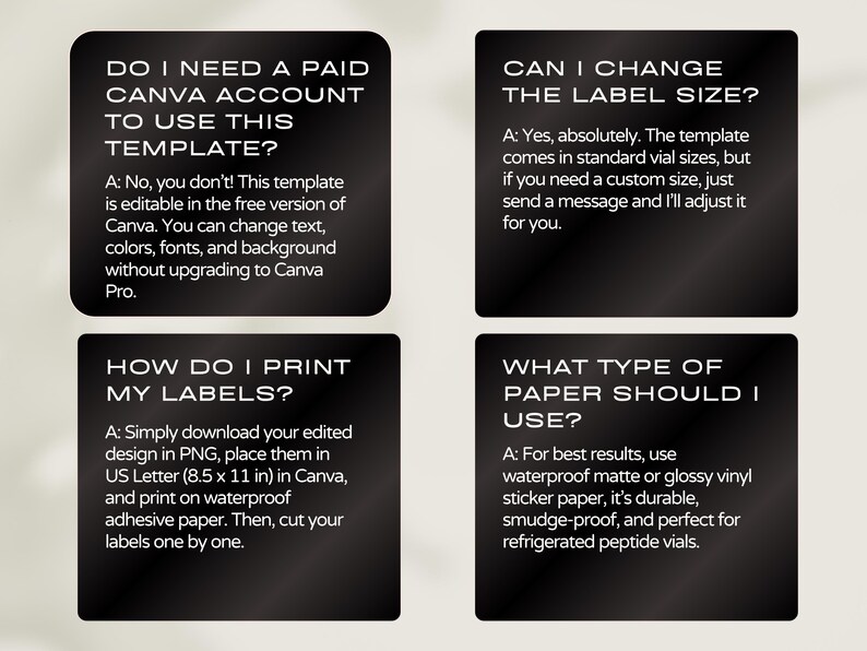 May include: Four black square informational cards with white text. The cards answer questions about using a Canva template, changing label sizes, printing instructions for US Letter 8.5 x 11 inch paper, and recommended waterproof matte or glossy vinyl paper.