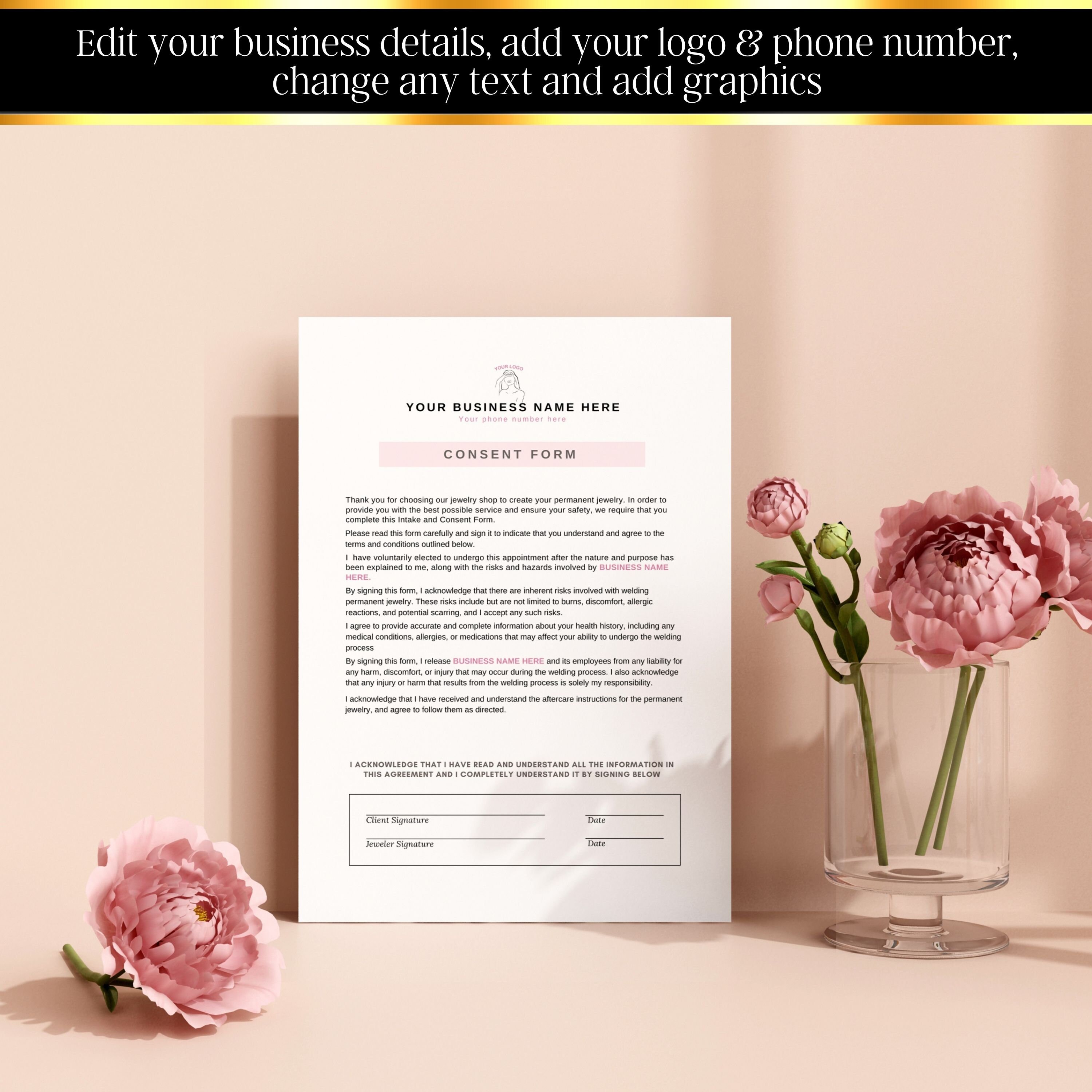 Permanent Jewelry Consent Forms, Waiver Permanent Jewelry, Client Form