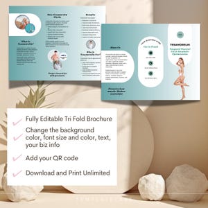 May include: A tri-fold brochure with a teal and white design. The brochure includes information about Tesamorelin, its benefits, and who it is for. The brochure also features the text "Fully Editable Tri Fold Brochure".