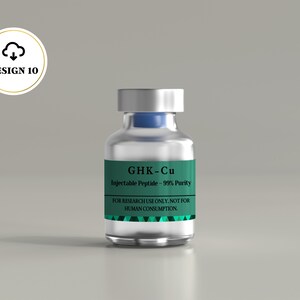 May include: A clear glass vial with a silver cap and a blue stopper, featuring a green label with the text GHK-Cu, Injectable Peptide - 99% Purity, and FOR RESEARCH USE ONLY. NOT FOR HUMAN CONSUMPTION. The label has a geometric pattern at the bottom.