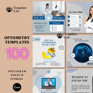 May include: A collection of social media templates for an optometrist or eye care clinic. The templates feature a blue and gray color scheme with images of a doctor, a heart, and a duck. The text on the templates includes "Optometry Templates", "Eye Care Clinic", "We Take Care of Your Eyes", and "We Have an Eye on You".