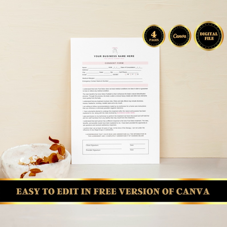 Foot Detox Consent Form, Ionic Foot Detox, Consultation Form, Editable ...