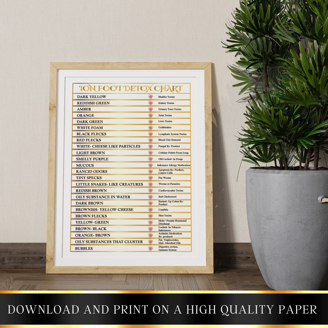 Ionic Foot Detox, Printable Chart, Printable Wall Art Gold, Digital