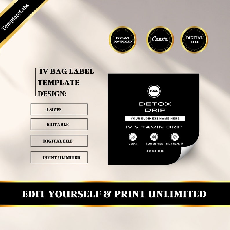 IV Bag Label, IV Label, IV Hydration Labels, Printable Label, Editable ...