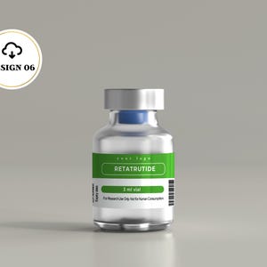 May include: A clear glass vial with a silver cap and a blue stopper, featuring a green label with the text RETATRUTIDE, 3 ml vial, and For Research Use Only; Not for Human Consumption. The label also includes a barcode and placeholder text.