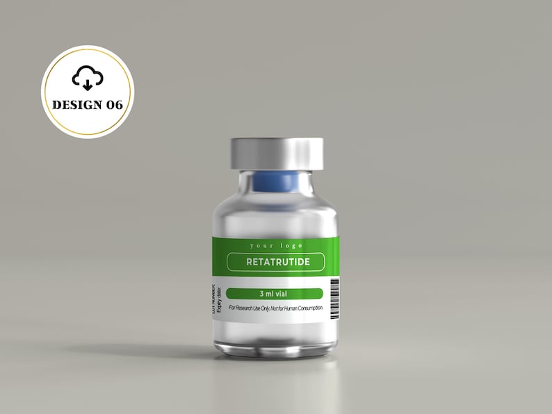 May include: A clear glass vial with a silver cap and a blue stopper, featuring a green label with the text RETATRUTIDE, 3 ml vial, and For Research Use Only; Not for Human Consumption. The label also includes a barcode and placeholder text.