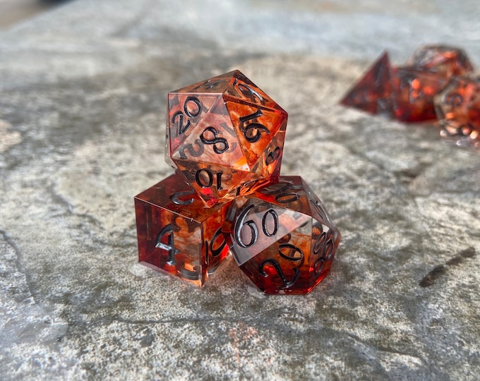 Phoenix Flare - Sharp DnD Dice - Clear - Handmade resin dice set for Tabletop Gaming - Dungeons & Dragons, Pathfinder, Cthulhu, Cyberpunk