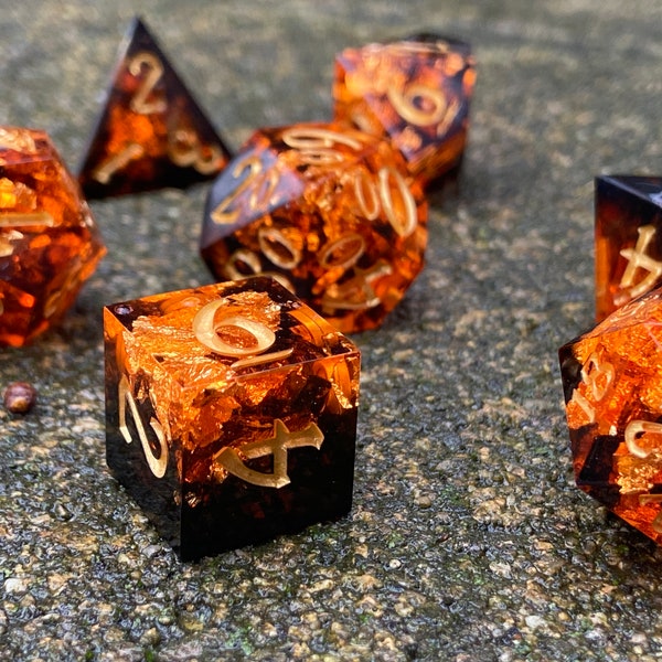 Deep Magma Dice Set for DnD | 7 piece sharp edge resin dice set, handmade, custom | RPG dice, Dungeons and Dragons, D&D, Pathfinder