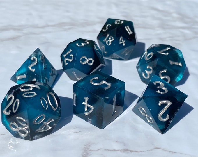 Flashing Azure - Sharp DnD Dice - Glow - Handmade resin dice set for Tabletop Gaming - Dungeons & Dragons, Pathfinder, Cthulhu, Cyberpunk