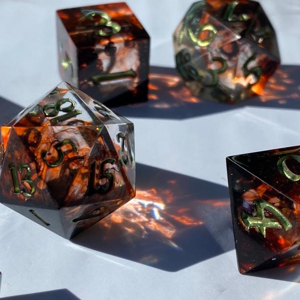 Amber Grace Dice Set for DnD | 7 piece sharp edge resin dice set, handmade, custom | RPG dice, Dungeons and Dragons, D&D, Pathfinder