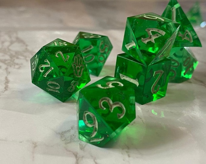 Eldritch Emerald - Sharp DnD Dice - Clear - Handmade resin dice set for Tabletop Gaming - Dungeons & Dragons, Pathfinder, Cthulhu, Cyberpunk