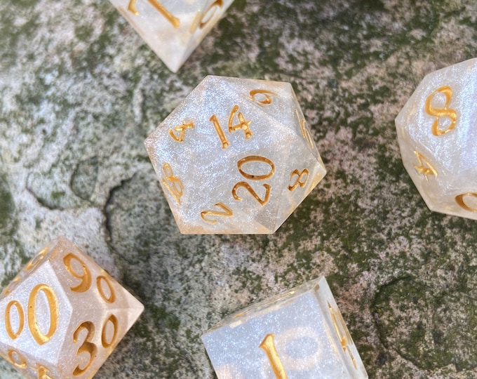 Satin Silver - Sharp DnD Dice - Glitter - Handmade resin dice set for Tabletop Gaming - Dungeons & Dragons, Pathfinder, Cthulhu, Cyberpunk