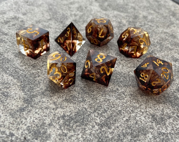 Espresso Entity - Sharp DnD Dice - Clear - Handmade resin dice set for Tabletop Gaming - Dungeons & Dragons, Pathfinder, Cthulhu, Cyberpunk