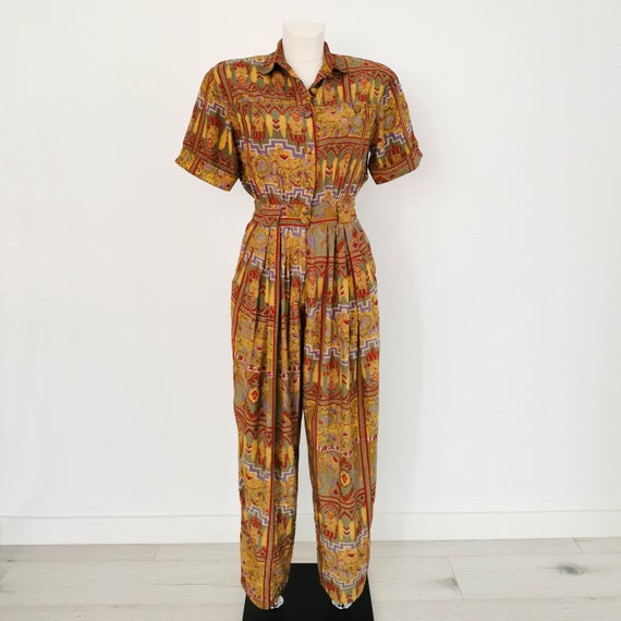 1980s indian print safari rayon jumpsuit | Mosaic