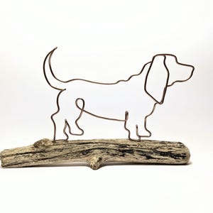 Handmade Wire Basset Hound Sculpture on Driftwood, Dog Lover Gift
