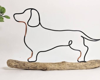 Handmade Wire Sausage Dog / Dachshund on Driftwood, Home Decor, Dog Gifts, Wire Art Decoration, Personalised Gift for Dog Lovers