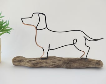 Wire Dachshund Art, Sausage Dog Gift, Driftwood or Oak Base