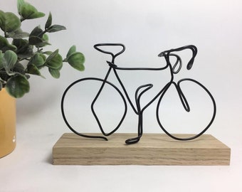 Handmade Wire Bicycle Sculpture On Wood: Personalised Cycling Gift