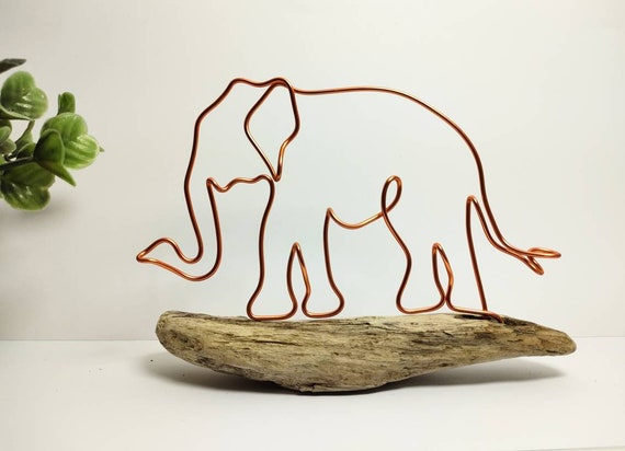 Handmade Wire Elephant on Driftwood, Home Decor, Elephant Gifts