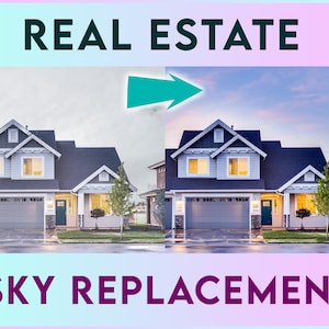 May include: Before and after image showing a real estate sky replacement. The image on the left shows a house with a cloudy sky. The image on the right shows the same house with a clear blue sky.
