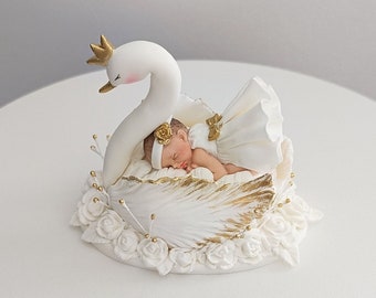 A girl on a swan Baby Shower baptism girl topper Christening topper Swan with Crown Sugar paste handmade Swan Princess Cake Topper Fondant