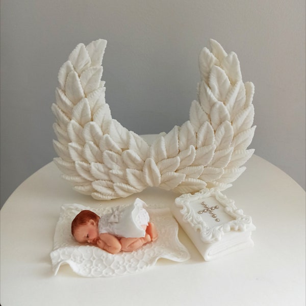 White angel wings Cross Baby on wings Little angel Cake Topper Baby Shower baptism girl topper Christening topper