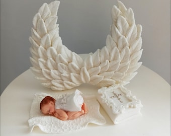 White angel wings Cross Baby on wings Little angel Cake Topper Baby Shower baptism girl topper Christening topper