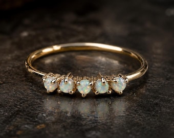 Opal Stacking Ring, Dainty Opal Band Ring, Yellow Gold Ring, Minimalist Opal Ring, October Birthstone Ring, Gift for Her