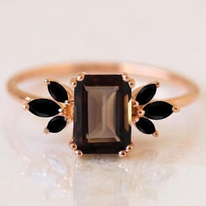 Smoky Quartz Ring - Black Spinel Marquise Side Stones - Emerald Cut Alternative Engagement Ring - Geometric Ring for Her, Anniversary Ring.