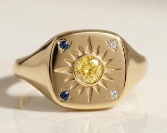 Anillo de sello de oro, anillo de rayos de sol celestiales, anillo de piedra CZ amarilla, anillo llamativo para mujer, sello minimalista, joyería de rayos de sol, regalo para él
