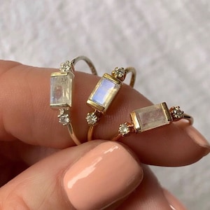 Natural Moonstone Ring-Baguette Moonstone Ring-Sterling Silver Ring-Dainty Ring-14K Solid Gold Ring-Stacking Ring-June Birthstone Ring