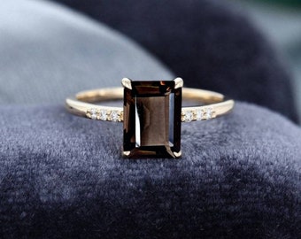 Anillo de cuarzo ahumado con corte esmeralda - Anillo de cuarzo ahumado en oro de 14 quilates - Anillo de cuarzo ahumado en plata - Anillo de compromiso - Anillo solitario - Regalo para ella - Piedra ahumada