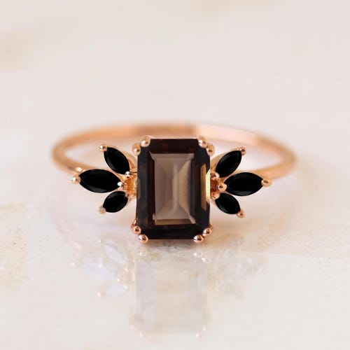 Smoky quartz & Black Onyx Ring-Emerald Cut smoky quartz Ring-Solitaire Ring-Ring for women-14K gold Ring-statement ring- unique ring for her